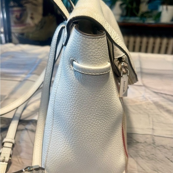 Kate ♠️ Spade White Pebbled Leather Backpack w/ pink, orange, brown fabric front - Picture 4 of 16